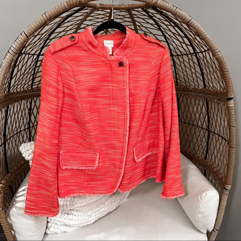 Chico's Textured Fringe Garibaldi Orange Jacket.